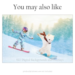 May include: A girl wearing a blue snowsuit and a pink helmet is snowboarding down a snowy hill. A white polar bear wearing a red and black scarf is snowboarding behind her. The background is a snowy forest with a bright blue sky.