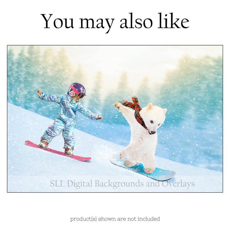 May include: A girl wearing a blue snowsuit and a pink helmet is snowboarding down a snowy hill. A white polar bear wearing a red and black scarf is snowboarding behind her. The background is a snowy forest with a bright blue sky.