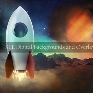 May include: A white rocket ship with red fins blasts off into space. The rocket is surrounded by a cloud of smoke and is flying past a large, orange planet with rings. The background is a dark blue sky with stars.