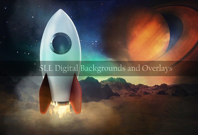 May include: A white rocket ship with red fins blasts off into space. The rocket is surrounded by a cloud of smoke and is flying past a large, orange planet with rings. The background is a dark blue sky with stars.