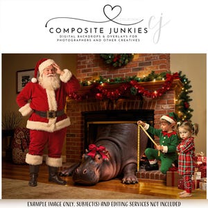 May include: A Christmas-themed digital backdrop with Santa Claus, a hippo with a red bow, and two children dressed as an elf and in plaid pajamas. The scene is set in front of a decorated fireplace. Text reads "COMPOSITE JUNKIES".