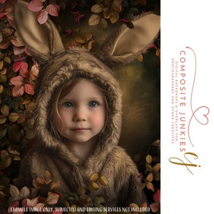 May include: A young girl wearing a brown furry bunny costume with large ears. The girl is surrounded by fall foliage in shades of red, orange, and brown. The image is a digital backdrop for photographers and other creatives.