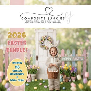 May include: An Easter-themed digital backdrop bundle with a child in a bunny costume holding a basket of eggs. The image includes a pastel-colored fence, flowers, and the text "HOPPY EASTER".