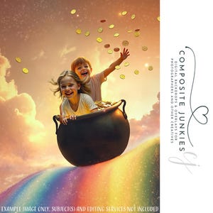 May include: Two children are riding in a pot of gold over a rainbow. The pot of gold is overflowing with gold coins. The background is a cloudy sky with a sparkle effect.