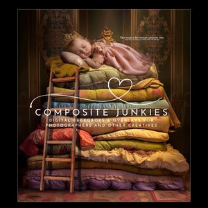 May include: A young girl wearing a pink dress and a crown sleeps on a stack of colorful pillows. A wooden ladder leans against the pillows. The text "COMPOSITE JUNKIES DIGITAL BACKDROPS & OVERLAYS FOR PHOTOGRAPHERS AND OTHER CREATIVES" is at the bottom of the image.