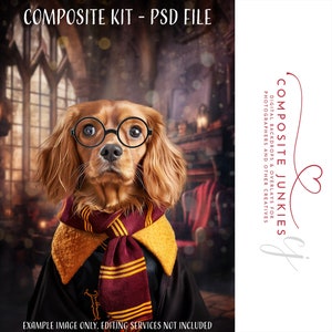 May include: A digital composite kit for photographers and other creatives featuring a dog wearing a Hogwarts-style robe and glasses in front of a magical-themed background. The kit includes digital backdrops and overlays. The text "COMPOSITE JUNKIES" is visible in the image.