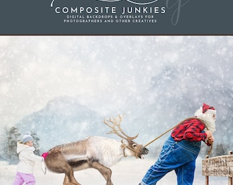 Santa pulling Reindeer Christmas Digital Background Backdrop for Photographer, Holiday Background, Composite Templates, Fun Christmas Cards