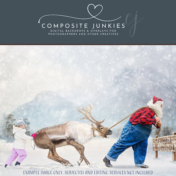 Santa pulling Reindeer Christmas Digital Background Backdrop for Photographer, Holiday Background, Composite Templates, Fun Christmas Cards