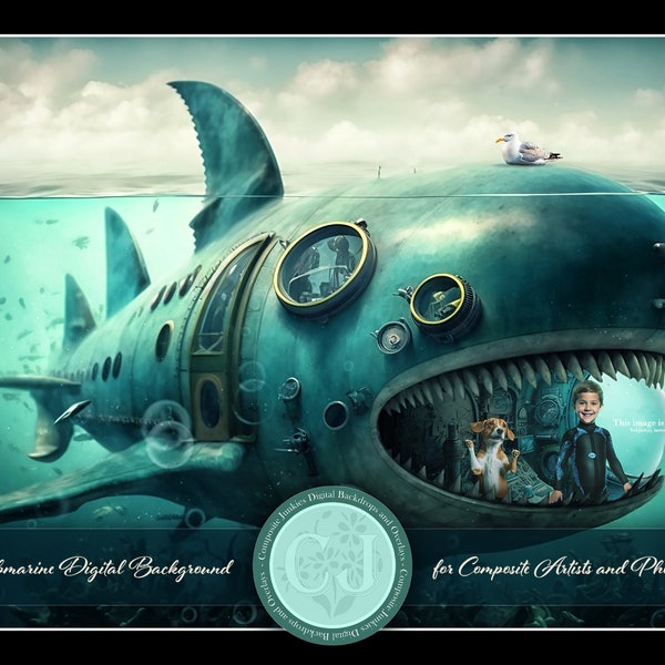 Shark Submarine Digital Background for Composite Artists and Photographers, Photoshop Backdrop, Kids Photo Background, Instant Download