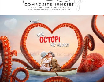 Valentine's Day Digital Background, Valentine's Day Digital Backdrop, Octopus Digital Background Backdrop, Sweetest Day Digital Backdrop