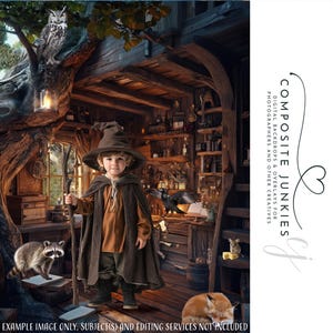 May include: A young wizard in a brown and green robe holds a wooden staff. The wizard is standing in a whimsical, wooden room with a raccoon and an owl. The room is decorated with shelves of potions and other magical items.