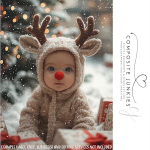 May include: A baby dressed in a reindeer costume with a red nose and brown antlers, set in a snowy Christmas scene. The image includes the text "COMPOSITE JUNKIES DIGITAL BACKDROPS & OVERLAYS FOR PHOTOGRAPHERS AND OTHER CREATIVES".
