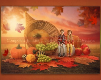 Thanksgiving Digital Background for Composite Images, Cornucopia Digital Backdrop for Photographers,  Autumn Falling Leaves Backdrop