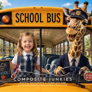May include: A yellow school bus interior featuring a child in a plaid uniform and a giraffe wearing a bus driver hat and navy suit. A chalkboard sign reads BACK TO SCHOOL with an apple icon. A sticker on the window says BE KIND BE YOU.