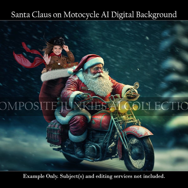 Santa Claus riding motorcycle Christmas digital background, Holiday backdrop, Composite Image for photography composites, Christmas Photo