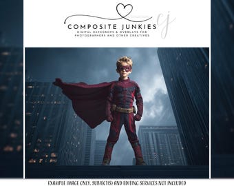 Hero City Portrait Backdrop with Costume & Foreground Overlay | Superhero Digital Background for Composite Photography