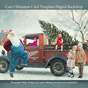 Red Truck Christmas Digital Backdrop, Christmas Card Template, Photography digital photo props, Photoshop Backgrounds, Composite Backdrops