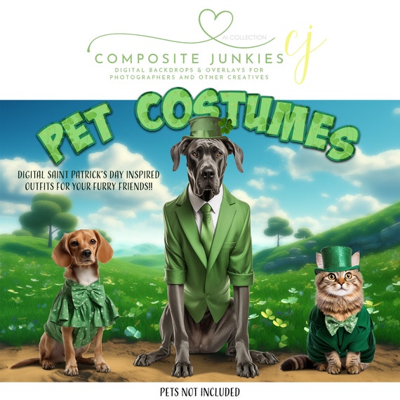 Saint Patrick's Day Digital Pet Portrait Costume Overlays, Virtual Pet Outfits, Holiday Clip Art, Photo Manipulation, Photoshop Overlays