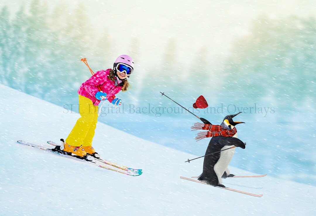 Penguin Skiing Digital Backdrop Background PREMIUM - Etsy