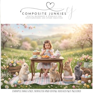 May include: A digital backdrop showing a child's tea party with rabbits in a spring meadow. The scene includes a table with a cake, carrots, and tea set. The text "COMPOSITE JUNKIES" is visible.