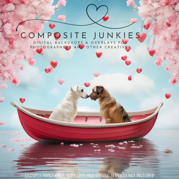 Valentine's Day Unique Pet Portrait Digital Backdrop for Photography Composite Artists, Whimsical Love Boat Heart Background, Photoshop