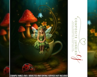 Fairy Teacup Digital Backdrop – Whimsical Mushroom Fantasy Background for Photoshop Composites -  Fantasy Image - Photo Editing