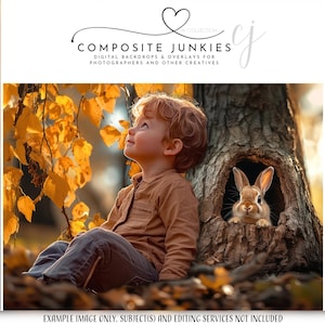 Easter Bunny Tree Digital Backdrop - Spring Fantasy Scene for Kids  Photography - Cute Woodland Bunny and Child - Photoshop Overlay.