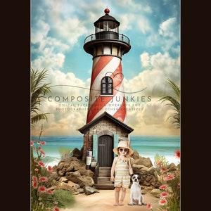 May include: A red and white striped lighthouse with a blue door and a child and dog standing in front of it. The lighthouse is on a beach with blue water and palm trees.