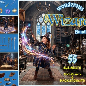 May include: A digital bundle titled Wonderous Wizard Bundle featuring 55 elements, overlays, and backgrounds. The main image shows a child in a blue wizard robe and hat casting a spell with a wand in a library, with an owl and magical light effects.