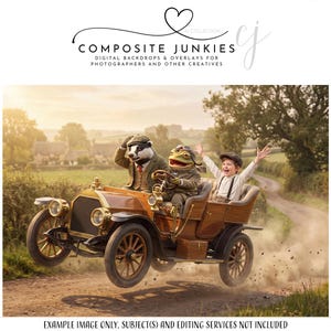 May include: A classic brown car with a badger, a frog, and a child inside, driving on a dirt track. The car is set against a rural backdrop of green fields and trees. The text "COMPOSITE JUNKIES" is at the top.