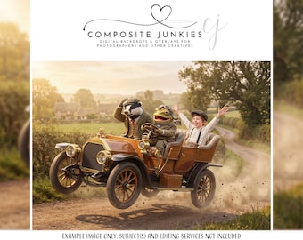 Mr Toad Wild Ride Backdrop, Vintage Car Composite Background, Whimsical Storybook Digital Backdrop, Kids Photography Prop, Fairytale Scene