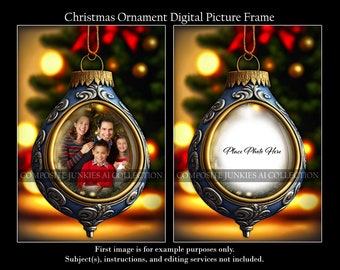 Christmas Ornament Digital Photo Frame, Christmas Digital Background, Digital Backdrop, Holiday Card Template, Photography Digital Overlay