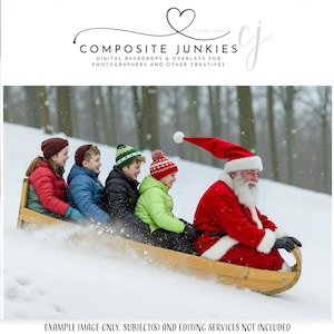 May include: A digital backdrop featuring Santa Claus and four children sledding down a snowy hill in a wooden sled. The children wear winter coats and hats. Santa wears a red suit and hat. The text "COMPOSITE JUNKIES" is at the top.