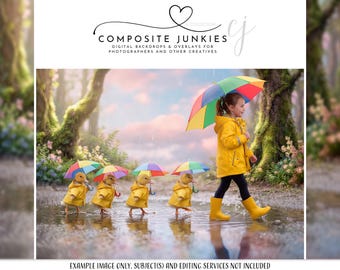 Rainy Day Ducklings Backdrop, April Showers Scene, Kids Umbrella Portrait Background, Spring Composite Digital Download
