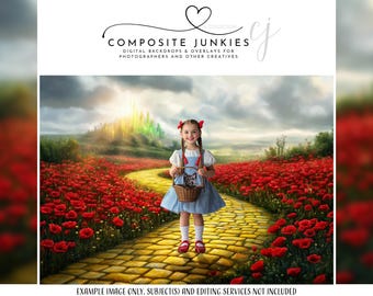 Wizard of Oz Digital Backdrop, Yellow Brick Road Poppy Field Background, Fantasy Composite, Fairytale Photoshop Template