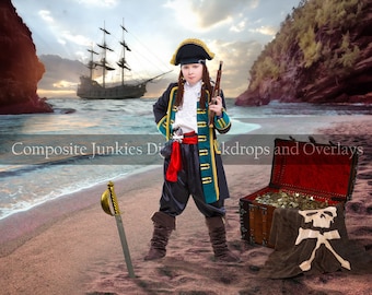 Cenário digital pirata com baú de tesouro para imagens compostas, Fundo pirata, Cenário pirata, Fundo pirata digital