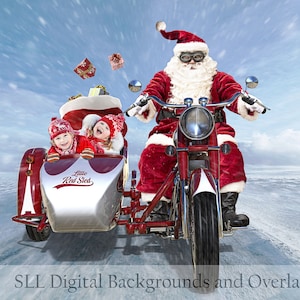 Santa on motorcycle digital backdrop | Christmas Digital Background | Christmas Card | Holiday Backdrop {PREMIUM}