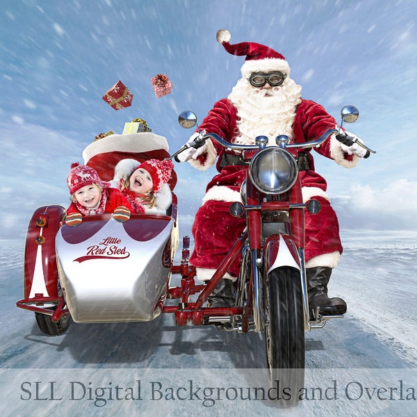 Santa on motorcycle digital backdrop | Christmas Digital Background | Christmas Card | Holiday Backdrop {PREMIUM}