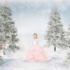 Winter Landscape with animals digital background backdrop for composite photo manipulations, seasonal backdrop winter, snow background