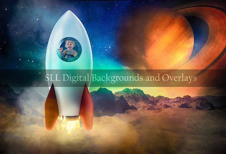 May include: A white rocket ship with orange flames blasting from the bottom, taking off against a backdrop of a starry night sky with a large orange planet with rings in the background. A young child is visible in the window of the rocket ship.