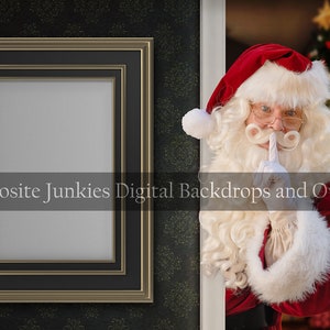 May include: Santa Claus peeking around a door frame with his finger to his lips, as if to say 'shhh'. He is wearing a red suit with white trim, a white beard, and a red hat. A Christmas tree is visible in the background.