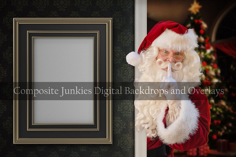 May include: Santa Claus peeking around a door frame with his finger to his lips, as if to say 'shhh'. He is wearing a red suit with white trim, a white beard, and a red hat. A Christmas tree is visible in the background.