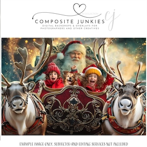 Op de afbeelding: Een digitale achtergrond met de Kerstman, twee kinderen en een hond in een slee getrokken door rendieren. De slee is rood met gouden accenten. De afbeelding bevat de tekst "COMPOSITE JUNKIES" en "DIGITAL BACKDROPS & OVERLAYS FOR PHOTOGRAPHERS AND OTHER CREATIVES."