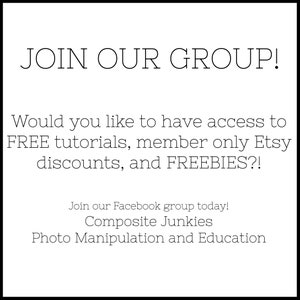 Puede incluir: Gr&aacute;fico blanco con texto negro que dice "JOIN OUR GROUP!" y ofrece tutoriales gratuitos, descuentos de Etsy y obsequios. Anima a unirse a un grupo de Facebook llamado "Composite Junkies" para la manipulaci&oacute;n de fotos y la educaci&oacute;n.