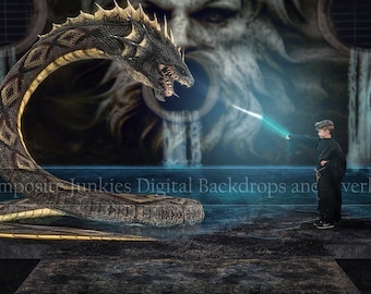 Fondo digital de mago luchando contra basilisco en una alcantarilla para imágenes compuestas - Fondo mágico digital - Fondo compuesto