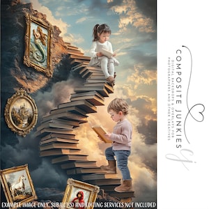 Puede incluir: Un fondo digital que presenta una pila de libros que forman una escalera que conduce a un cielo nublado. Dos niños están leyendo libros en la escalera. El texto "COMPOSITE JUNKIES" está en la esquina superior derecha de la imagen.