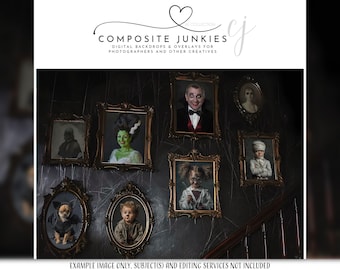 Puede incluir: Una pared oscura con retratos enmarcados de varios personajes espeluznantes, como un vampiro y el monstruo de Frankenstein. Los retratos están en marcos dorados ornamentados. El texto "COMPOSITE JUNKIES" está en la parte superior. Tema gótico.