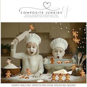 May include: Two children, wearing chef hats and aprons, bake gingerbread biscuits. One holds a rolling pin, the other a tray of biscuits. Flour dusts the air and surfaces. The image includes the text "COMPOSITE JUNKIES".