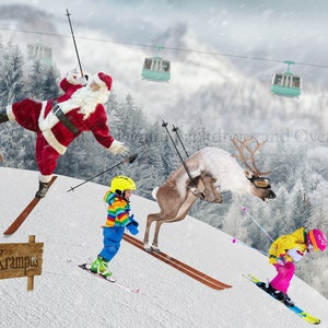 Reindeer Games Christmas Digital Background Backdrop for Photographers, Skiing Background, Composite Templates, Fun Christmas Cards