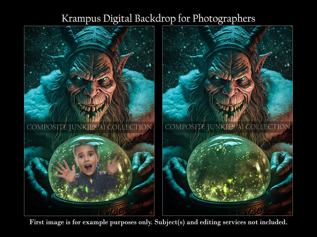 Krampus Holding Snow Globe Digital Background, Christmas Digital